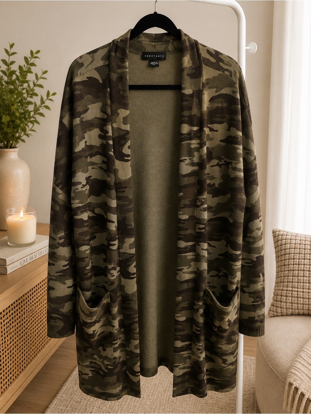 Sanctuary Olive Camo Open-Front Cardigan